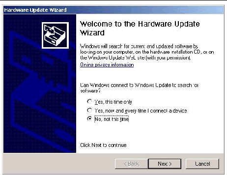 Screen shot of the Welcome to the Hardware Update Wizard dialog box