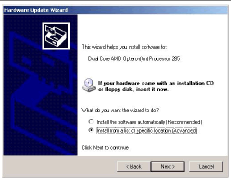 Screen shot of the Hardware Update Wizard dialog box