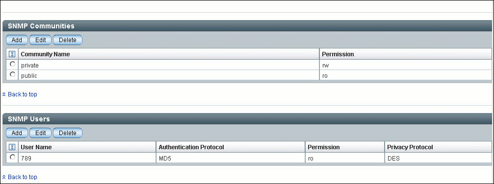 Graphic showing an ILOM SNMP Users and Communities from the web interface. 