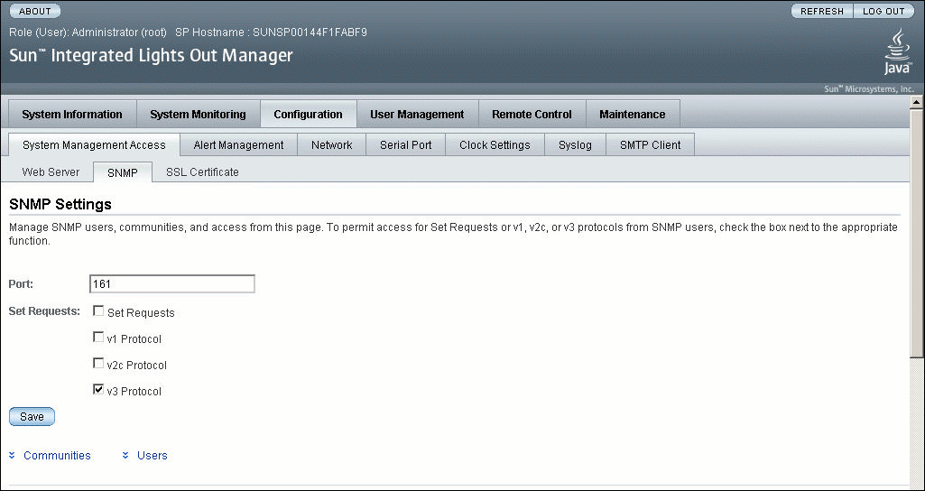 Graphic showing an ILOM SNMP web page in the web interface. 