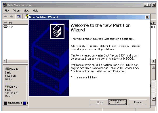 Graphic showing the Windows Disk Manager New Partition Wizard