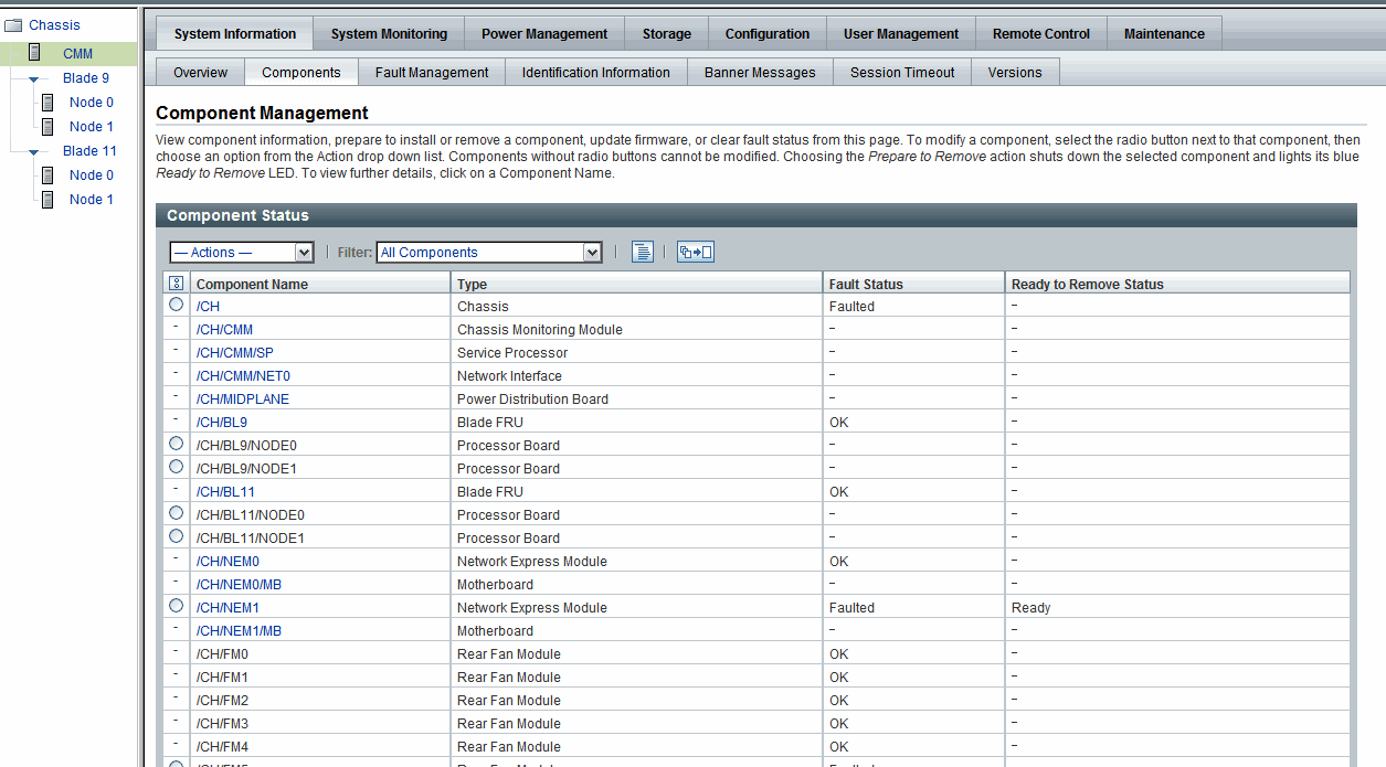 CMM Component management features on web interface