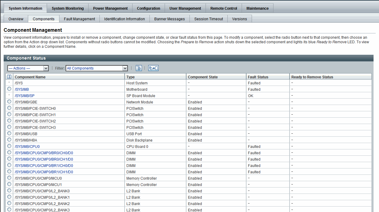 Server SP Component Management features on web interface