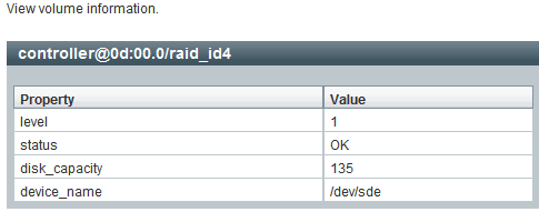 RAID volume properties and values.