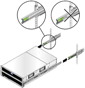 image:This graphic shows how to properly insert the J4500 array into the rack slide rails.
