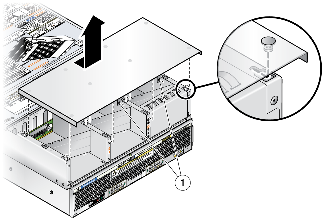 image:This graphic shows how to remove the power supply area cover.