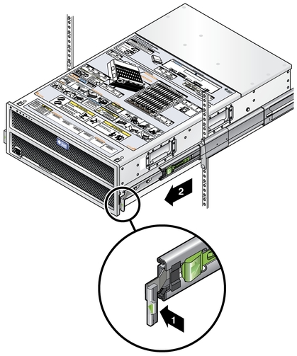 image:This graphic shows how to slide the J4500 array enclosure out of the rack.