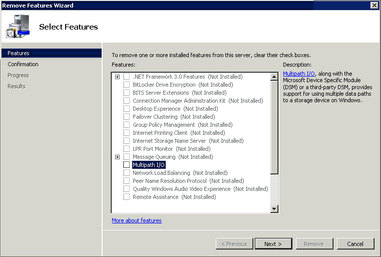 image:Graphic showing Multipath IO unselected in Selected Features page