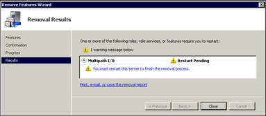 image:Graphic showing feature Removal Results page with reboot warning