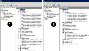 image:Graphic showing how Windows Server 2008 Device Manager sees disks before and after MPIO is installed.