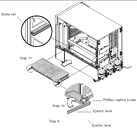 Figure showing installing the Sun XVR-4000 graphics accelerator into a Sun Fire V880z chassis slot.