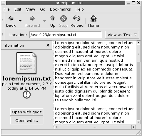 File manager window with text file in view pane. Side pane contains: file icon, file information, file emblem, Open with gedit, Open with buttons.