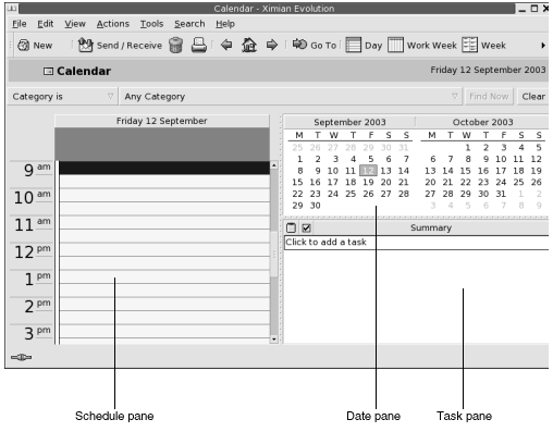 Ventana t&amp;amp;iacute;pica de Agenda. Leyendas: paneles de planificaci&amp;amp;oacute;n, fecha y tareas.