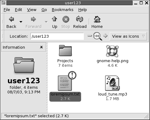 Ein Dateimanager-Beispielfenster. Die Grafik ist selbsterklärend.