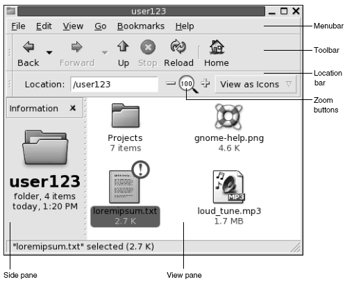 Una cartella in una finestra del file manager. Didascalia: barra dei menu, barra degli strumenti, barra di posizione, pulsanti di zoom, riquadro laterale, riquadro di visualizzazione.