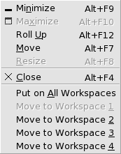 「ウィンドウメニュー」のメニュー項目を示しています。「最小化」、「最大化」、「シェード」、「移動」、「サイズ変更」、「閉じる」、「&amp;amp;starf;Put on All Workspaces&amp;amp;starf;」、「&amp;amp;starf; workspace-name へ移動&amp;amp;starf;」