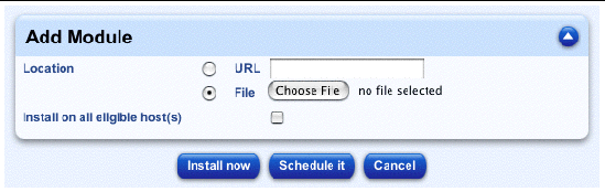 This screenshot shows the table for adding a new control module; the buttons are Install Now, Schedule It and Cancel.