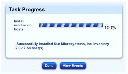 This screenshot shows a sample of the Task Progress dialog; the buttons are Done and View Events.