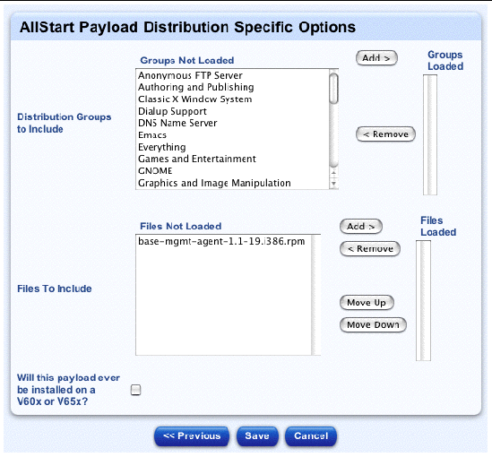 This screenshot shows the table for configuring the distribution-specific options in a Red Hat payload; the buttons are Previous, Save and Cancel.