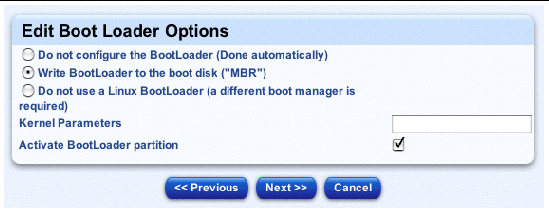 This screenshot shows the table for editing the boot-loader options; the buttons are Previous, Next and Cancel.