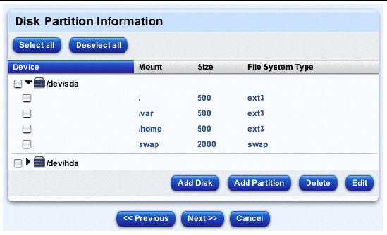 This screenshot shows the Disk Partition Information table; the buttons are Add Disk, Add Partition, Edit, Delete, Previous, Next and Cancel. 