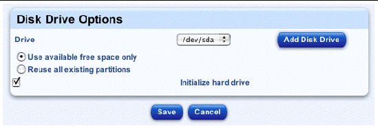 This screenshot shows the Disk Drive Options; the buttons are Add Disk Drive, Save and Cancel. 