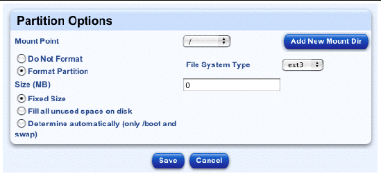 This screenshot shows the table for configuring a disk partition; the buttons are Add New Mount Dir, Save and Cancel. 