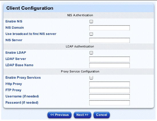 This screenshot shows the first table for editing the client-configuration information; the buttons are Previous, Next and Cancel. 