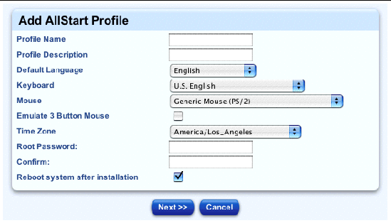 This screenshot shows the Add AllStart Profile table; the buttons are Next and Cancel.