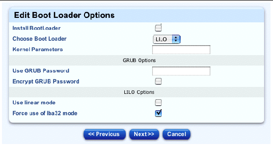 This screenshot shows the table for editing the boot-loader options; the buttons are Previous, Next and Cancel.