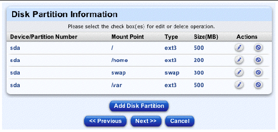 This screenshot shows the Disk Partition Information table; the buttons are Add Disk Partition, Previous, Next and Cancel. 