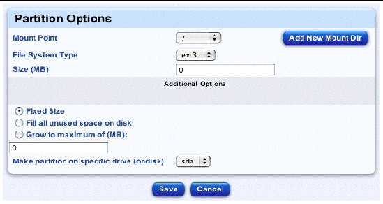 This screenshot shows the table for configuring a disk partition; the buttons are Add New Mount Dir, Save and Cancel. 