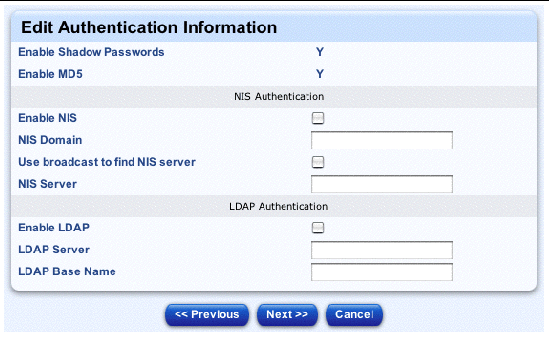 This screenshot shows the table for editing the authentication information; the buttons are Previous, Next and Cancel.