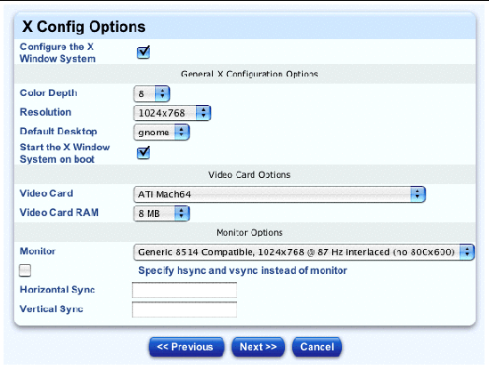 This screenshot shows the table for configuring the X Window System; the buttons are Previous, Next and Cancel.