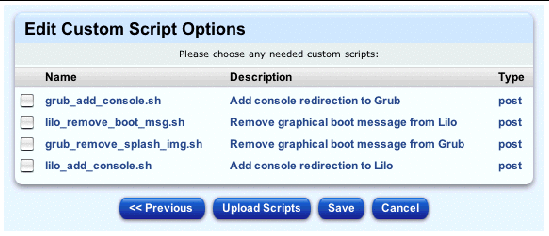 This screenshot shows the table for editing custom scripts; the buttons are Previous, Upload Scripts, Save and Cancel.