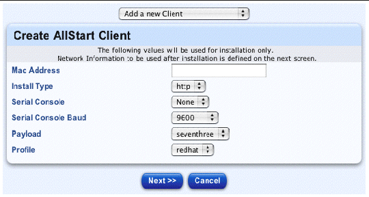This screenshot shows the table for creating a new AllStart client; the buttons are Next and Cancel.