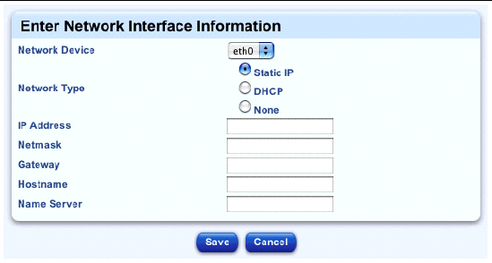 This screenshot shows the table for entering the information for a network-interface connector; the buttons are Save and Cancel.