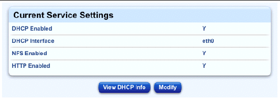 This screenshot shows the Current Service Settings table; the buttons are View DHCP Info and Modify.