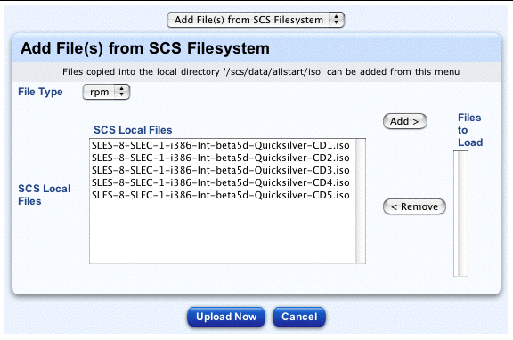 This screenshot shows the table for adding a file(s) from the local filesystem on the control station; the buttons are Upload Now and Cancel.