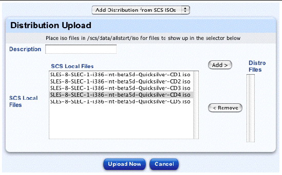 This screenshot shows the table for uploading a distribution from a local ISO file on the control station; the buttons are Upload Now and Cancel.
