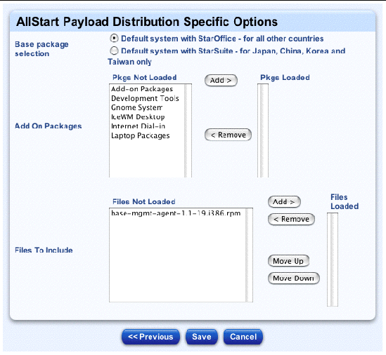 This screenshot shows the table for configuring the distribution-specific options in a Sun Java Desktop System payload; the buttons are Previous, Save and Cancel.