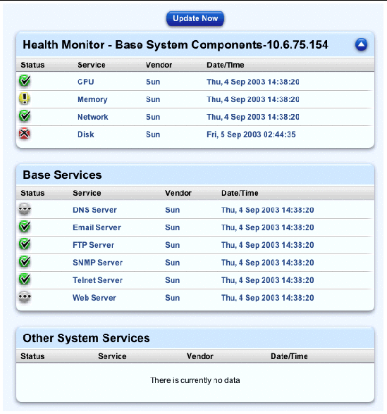This screenshot shows a sample of the detailed information tables, including Base System Components, Base Services and Other System Services.