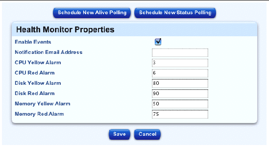 This screenshot shows the Health Monitor Properties table.