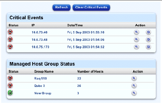 This screenshot shows a sample of the Health Monitoring screen, with the Critical Events and Managed Host Group Status tables.