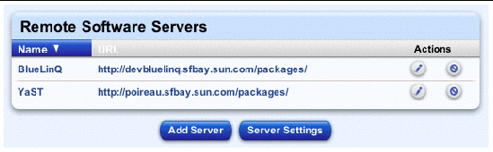 This screenshot shows a sample of the Remote Software Servers table; the buttons are Add Server and Server Settings. 