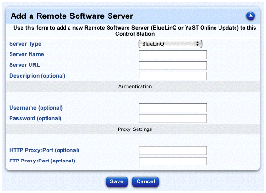This screenshot shows the table for adding a new remote software server; the buttons are Save and Cancel. 