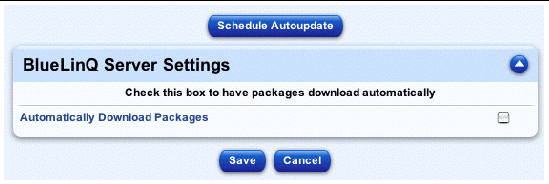 This screenshot shows the BlueLinQ Server Settings table; the buttons are Schedule Autoupdate, Save and Cancel. 