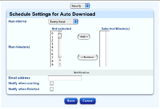 This screenshot shows the table for scheduling the AutoUpdate function; the buttons are Save and Cancel. 