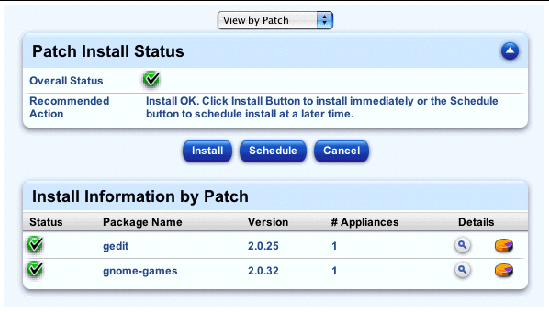 This screenshot shows a sample of the dependency-checking tables with green status, viewed by patch; the buttons are Install, Schedule and Cancel. 