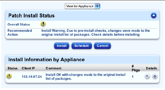 This screenshot shows a sample of the dependency-checking tables with yellow status, viewed by host; the buttons are Install, Schedule and Cancel. 